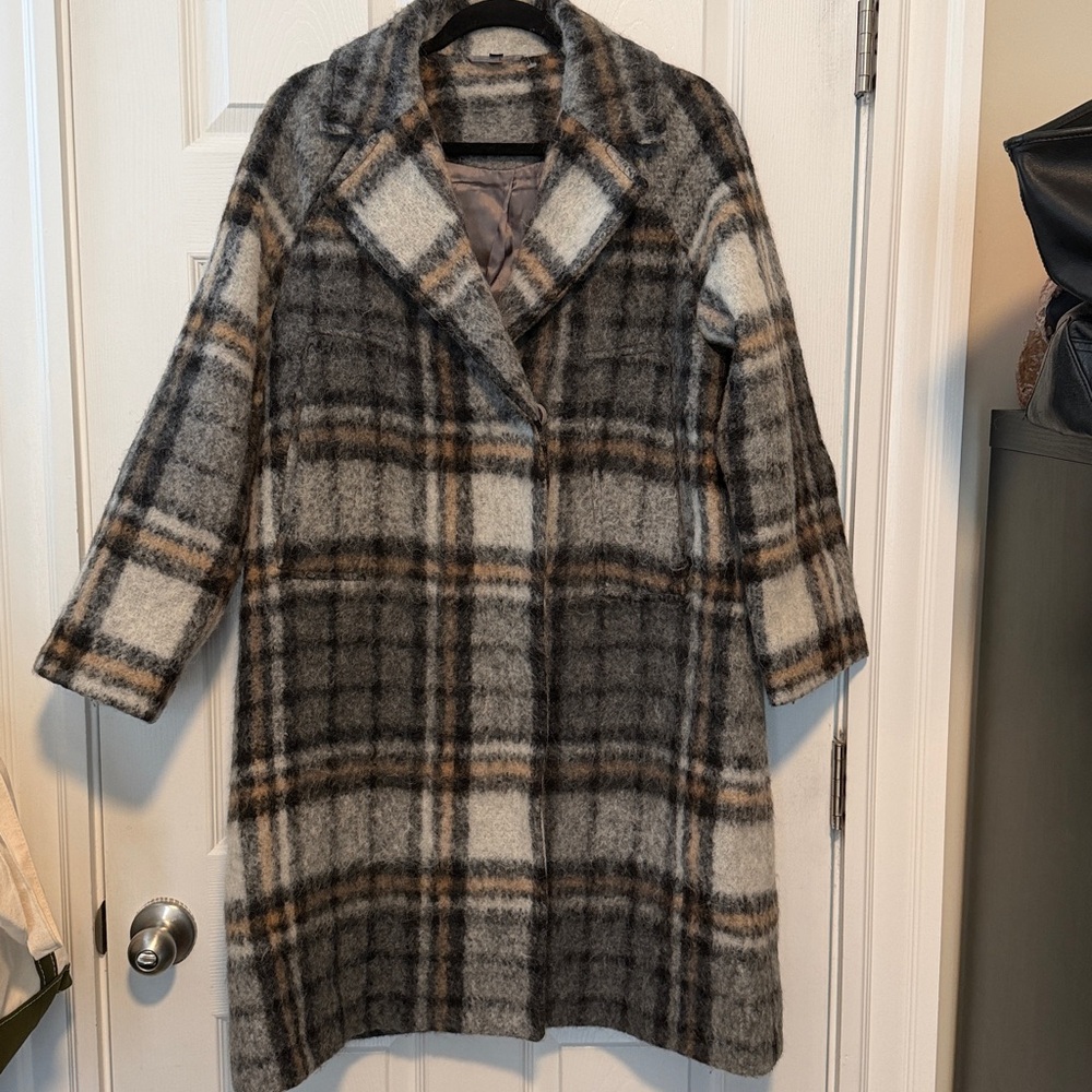 COS Plaid Brushed Mohair Wool Coat Gray Size 6 - Picture 5 of 15